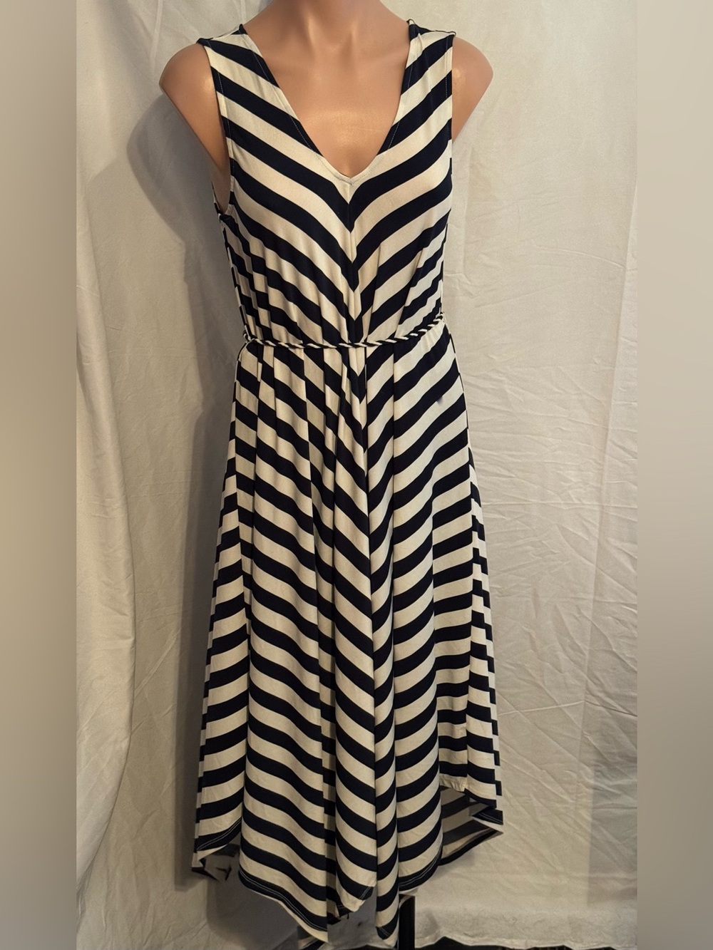 Classic Navy & White Striped V-Neck Dress With a Handkerchief Hemline